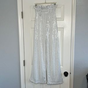 White Wide-Leg Sequin Palazzo Pants